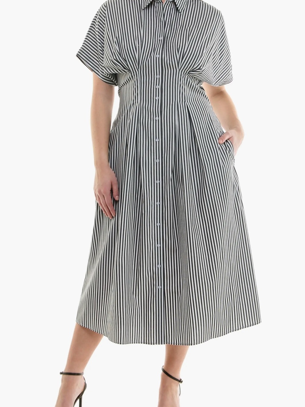 Nicole Miller Pintuck Waist Midi Shirtdress pinstripe